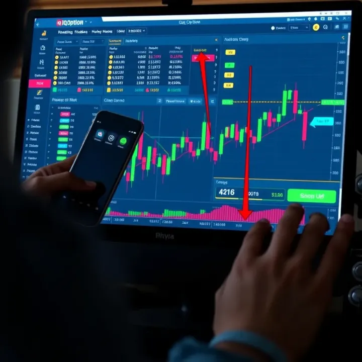 Trading interface on mobile and desktop showing charts and tools available after login