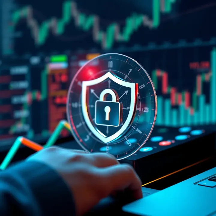 Visual representation of secure online trading with shield and digital security elements