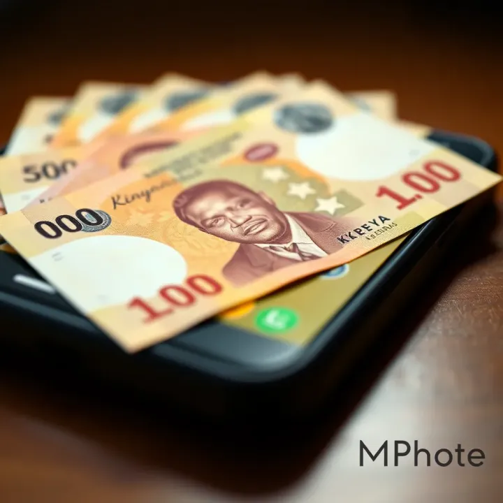 Kenyan currency notes arranged with a mobile phone showing financial app
