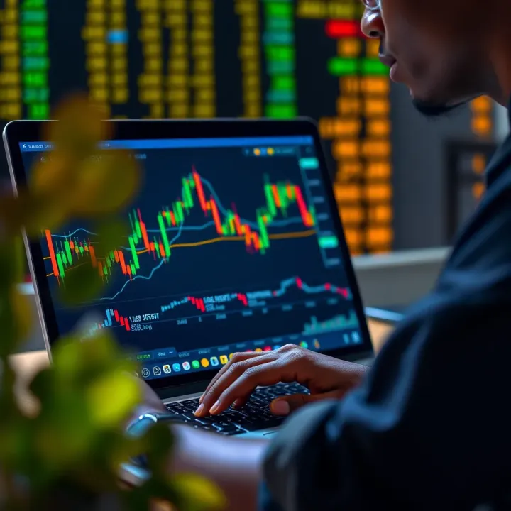 Managing Your Forex Trading Account in Kenya Illustration of a Kenyan trader analyzing forex market data on a laptop with Kenyan shilling currency symbols