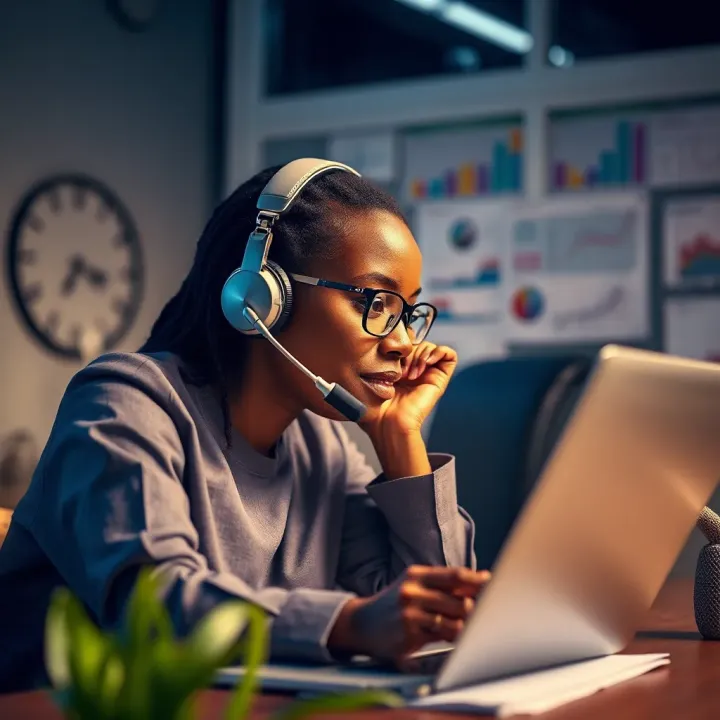 Customer service agent assisting a client over the phone with a backdrop of financial documents and a laptop