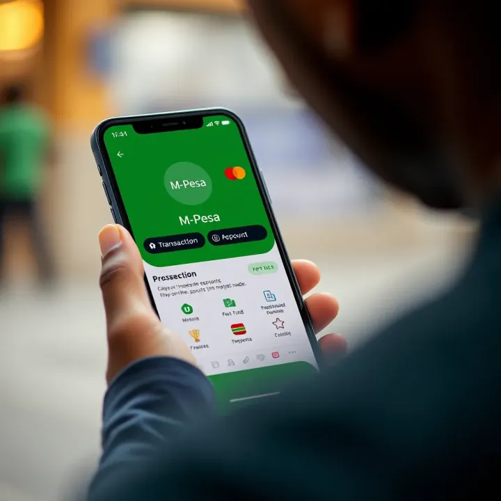 Mobile phone screen showing M-Pesa app with transaction options for depositing funds into online trading account