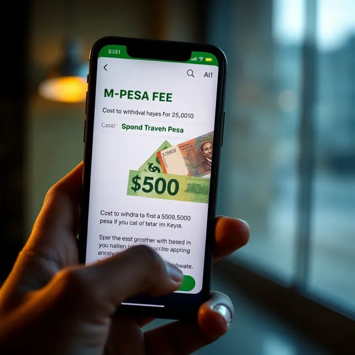Mobile phone showing M-Pesa app withdrawal screen with Kenyan shilling currency
