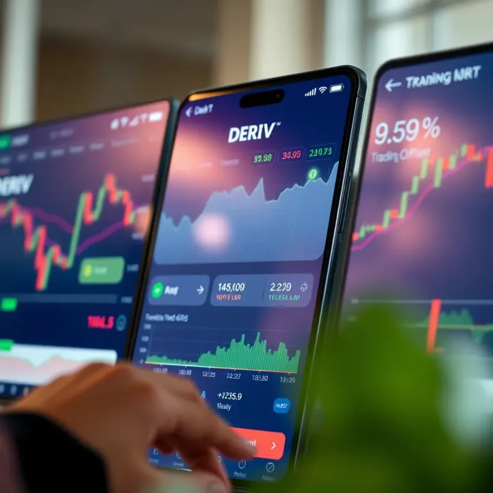 User interface of Deriv trading app showing various trading options and charts