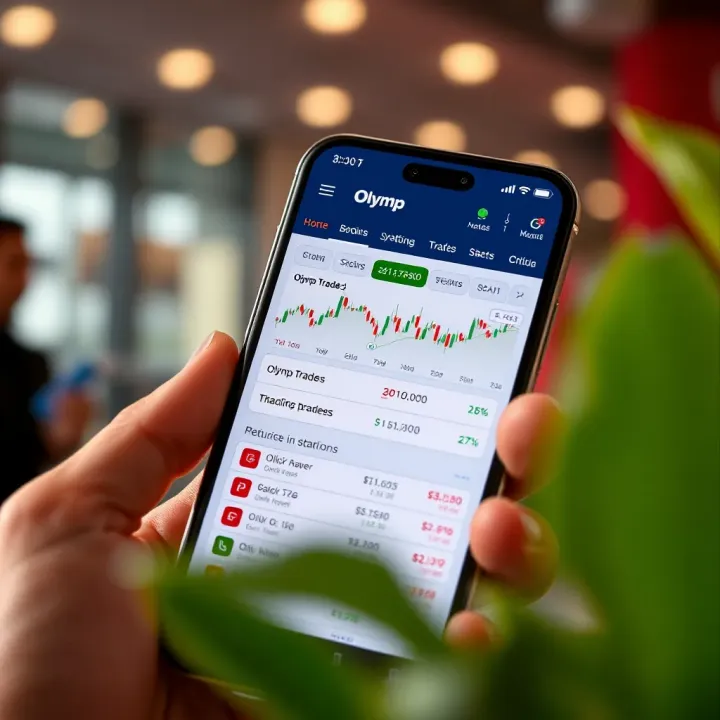 Mobile device displaying Olymp Trade app interface with trading charts and options
