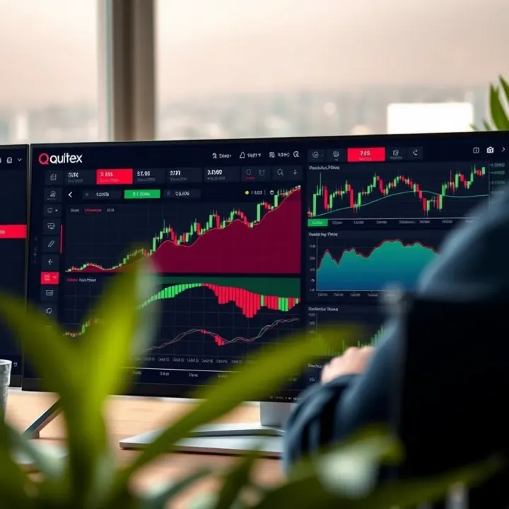 Dashboard of Quotex demo platform showing various trading options and real-time charts