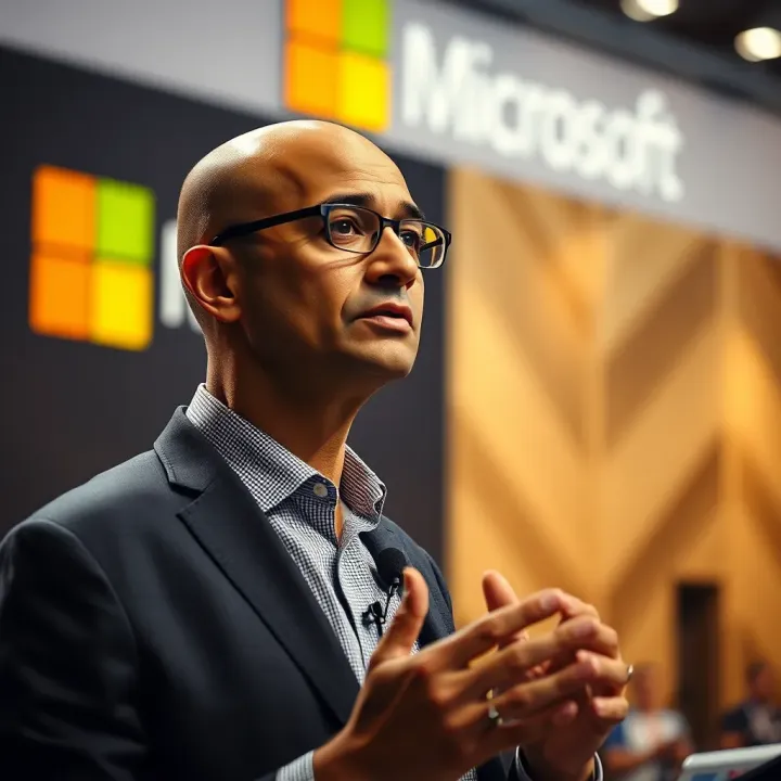Satya Nadella speaking at a technology conference with Microsoft branding in the background