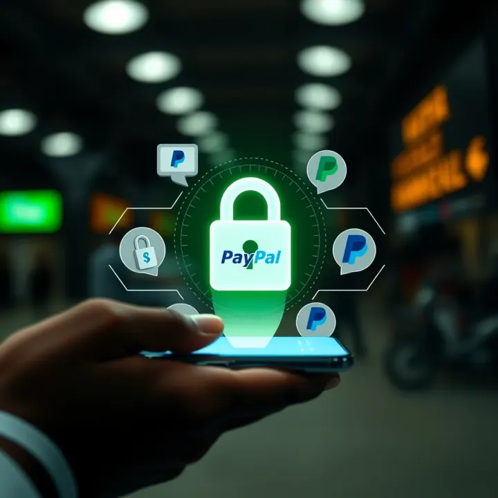 Illustration of digital currency transfer between M-Pesa and PayPal with secure transaction icons
