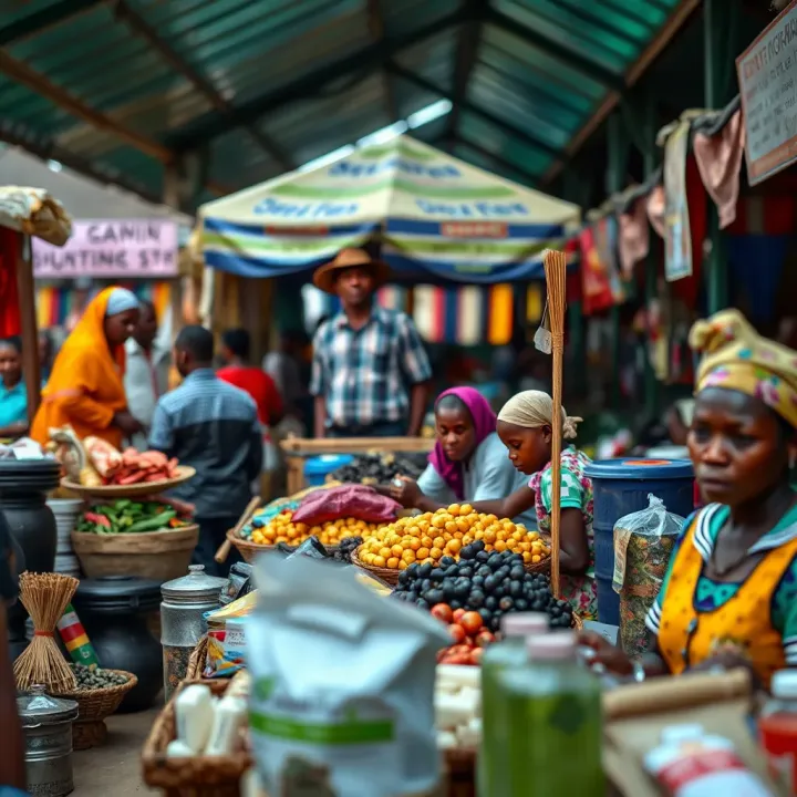 Busy open-air market with various goods displayed for trade