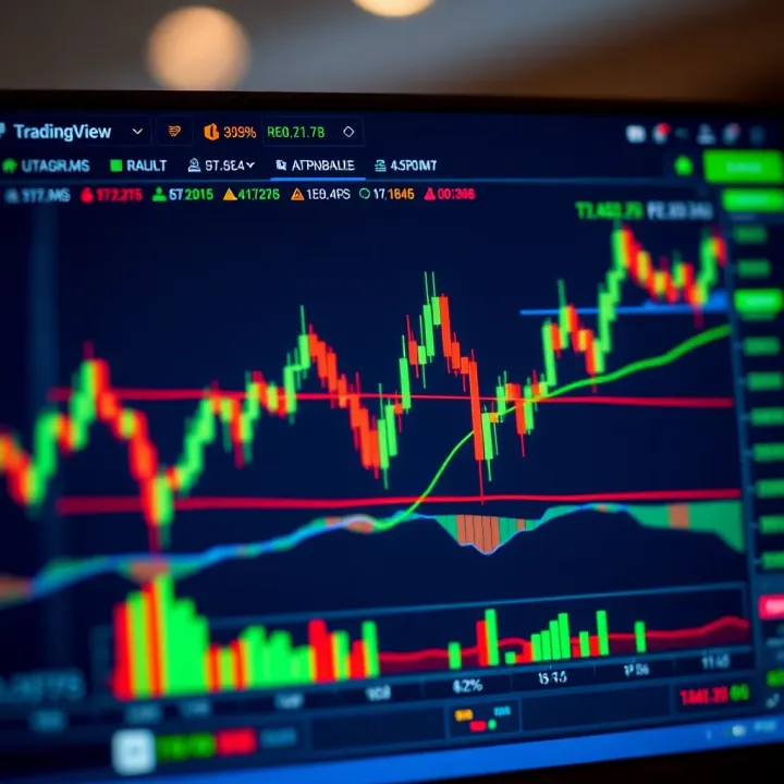 TradingView interface displaying a binary options trading chart with technical indicators and price movements