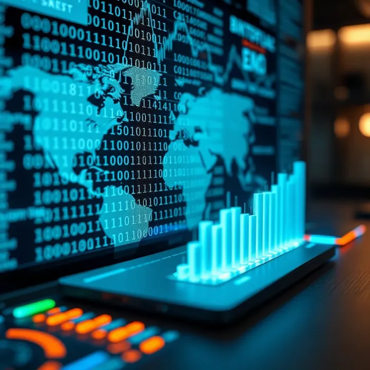 Visual representation of binary code integrated with modern computing devices and global connectivity