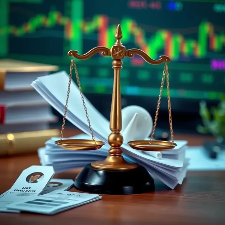 Conceptual representation of legal scales balancing regulatory documents and financial icons related to binary trading in Kenya