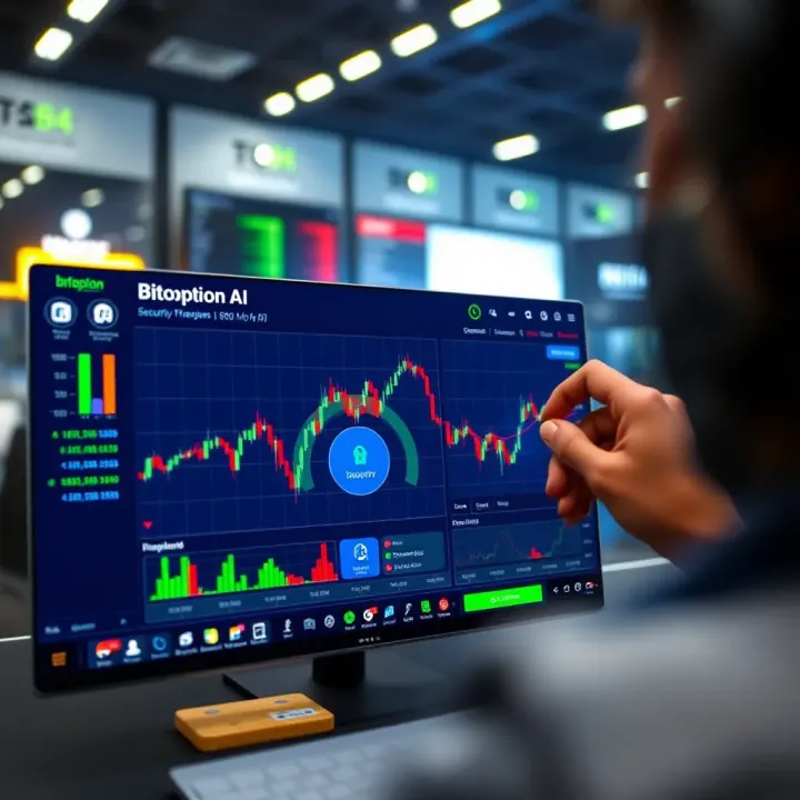 Dashboard view of Bitoption AI showing trading charts and security feature icons