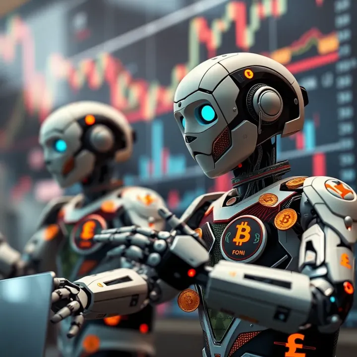 Conceptual illustration of forex bots interacting with currency symbols and financial charts