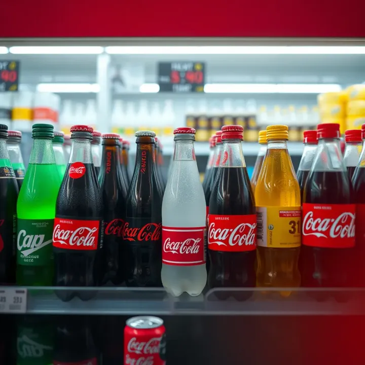 Beverage bottles from various global brands displayed on a retail shelf