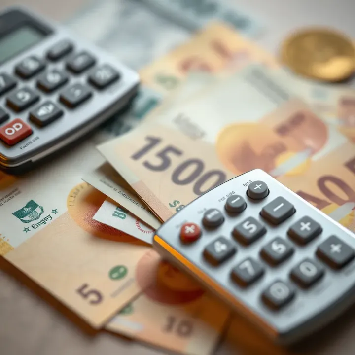 Calculator and currency notes depicting financial calculations for currency conversion
