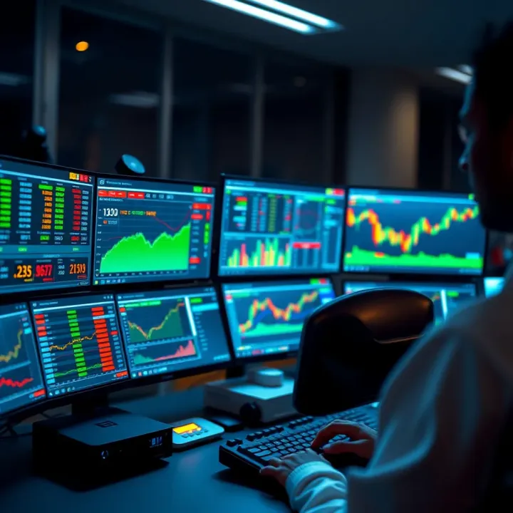 Modern trading workstation with multiple screens showing financial data and trading tools