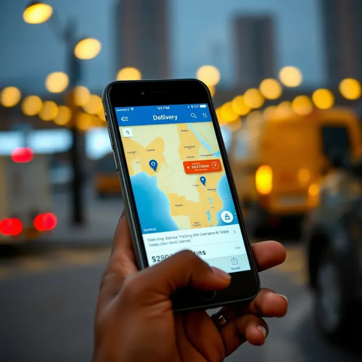 Mobile phone displaying a delivery tracking app with digital map and package status