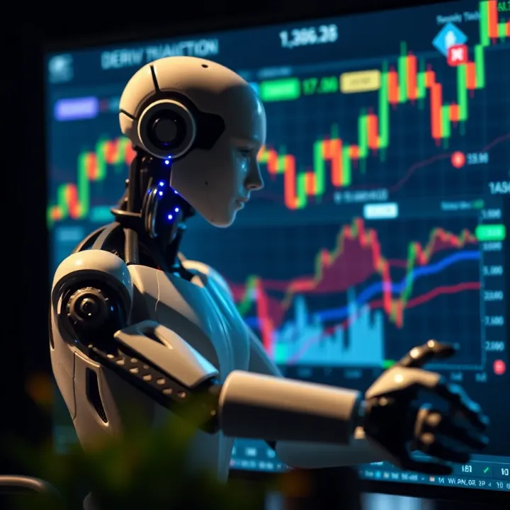 Illustration of automated trading concept showing robot interacting with financial charts