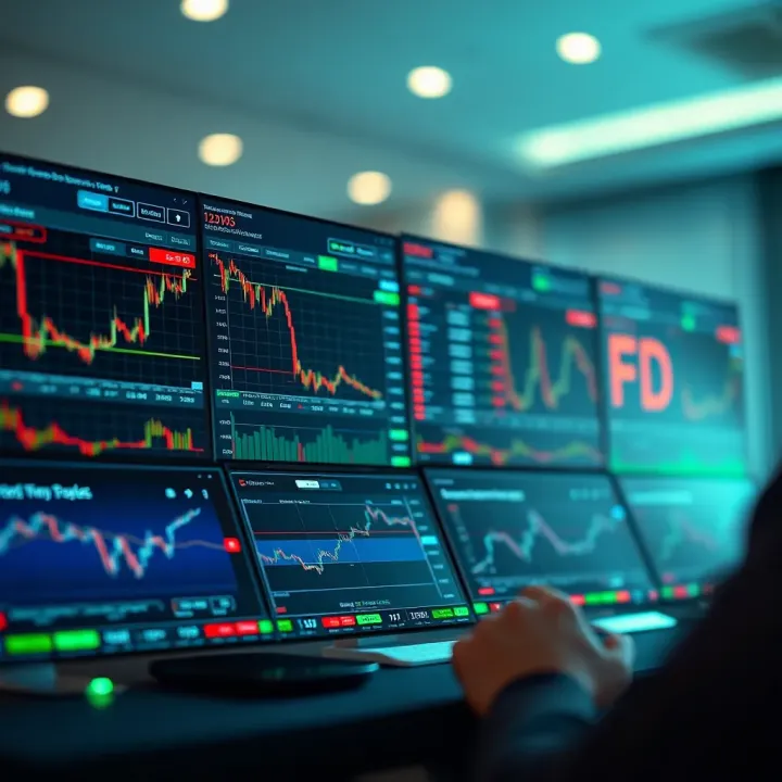 Illustration showing various online trading platform interfaces with charts and financial data