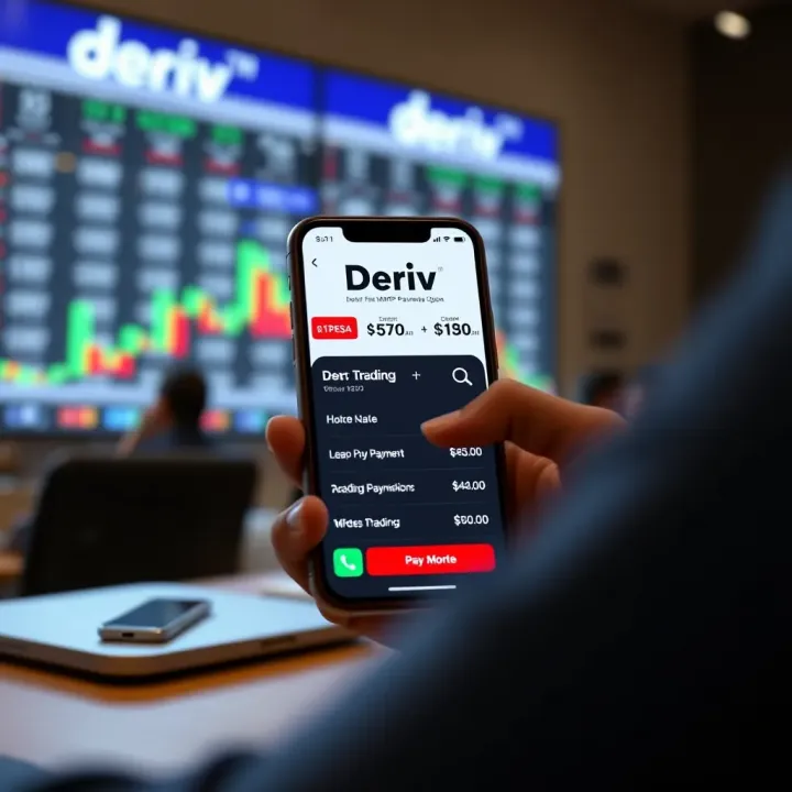 Mobile device displaying Deriv trading platform interface with MPesa payment option