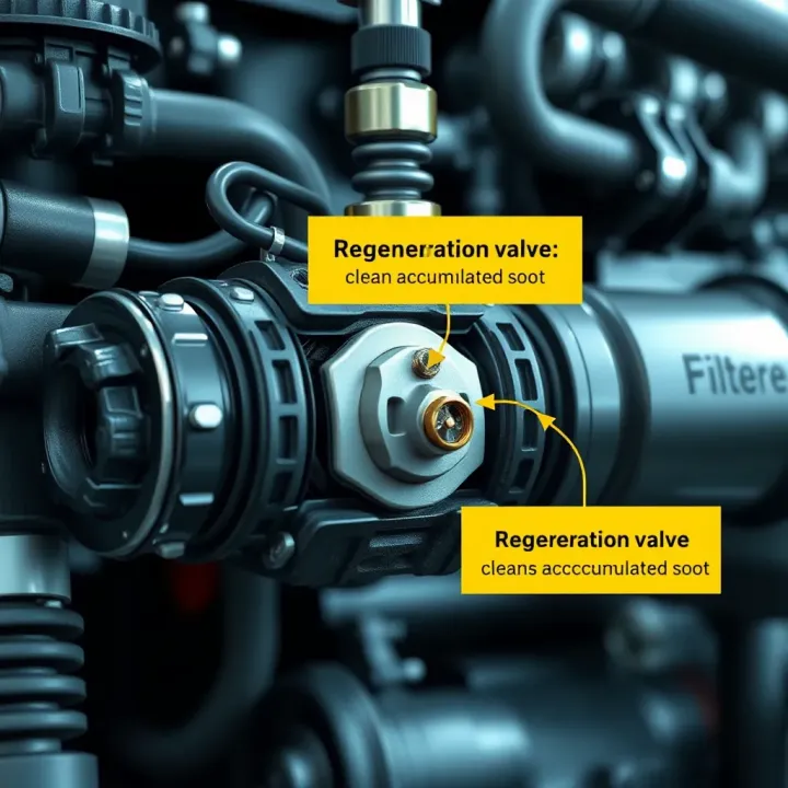 Illustration of a diesel particulate filter with highlighted areas where the regeneration valve operates to clean accumulated soot