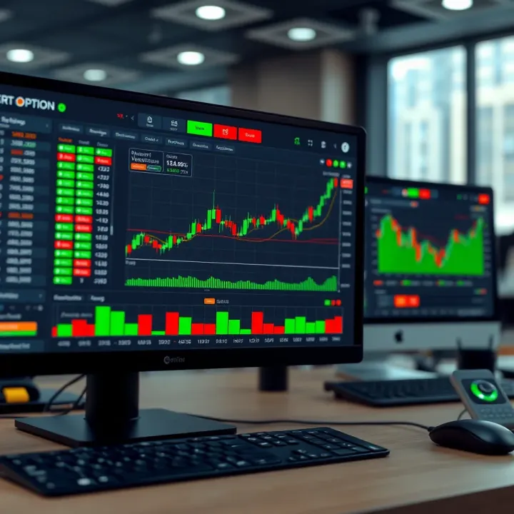 Dashboard of Expert Option trading platform displaying various financial charts and asset options