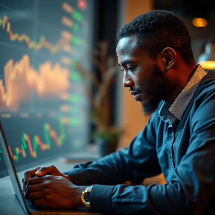 Investor Analyzing Stock Index Data in Kenya Illustration of a Kenyan investor analyzing stock index data on a laptop