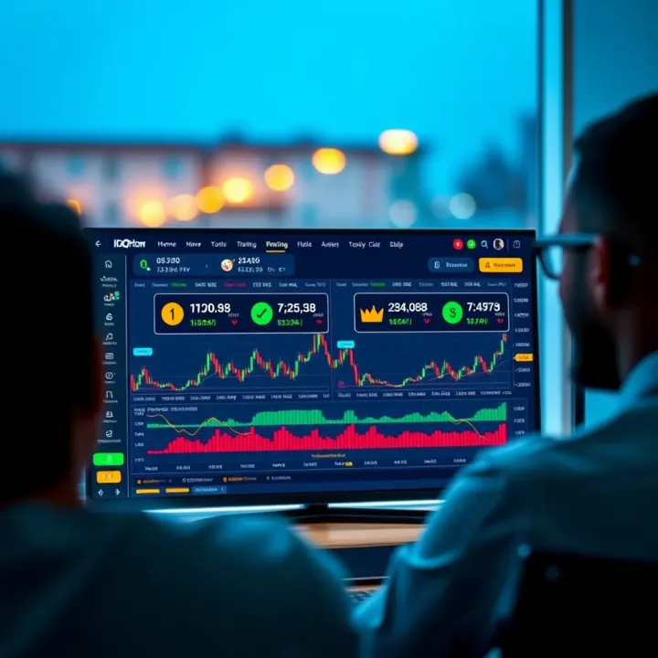 User interface of IQ Option platform showing various asset options and trading charts