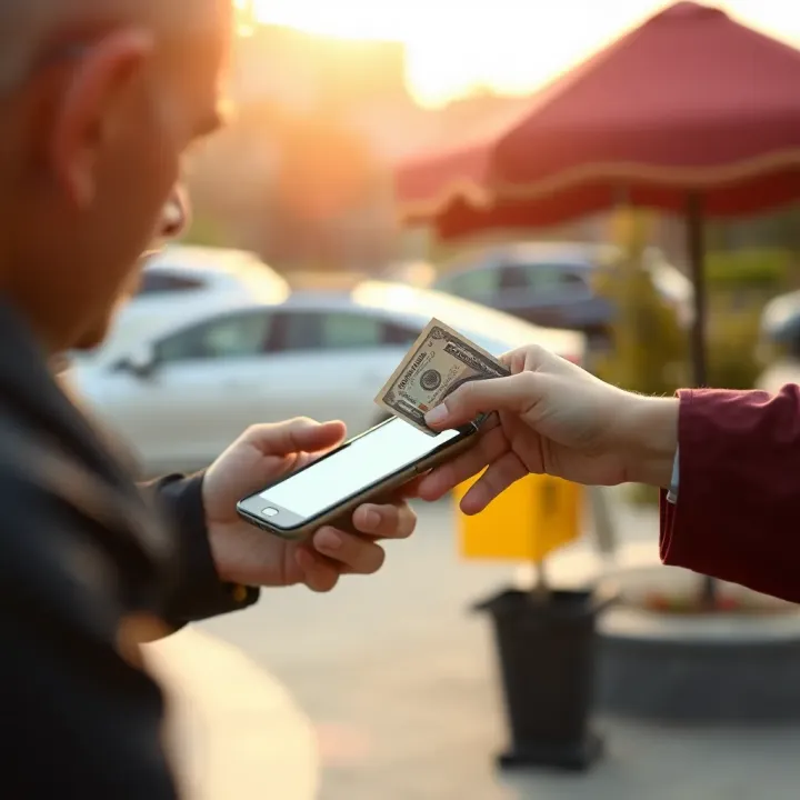 Safe Cash Exchange Using Mobile Payment Technology Person securely exchanging cash using a mobile payment app outdoors