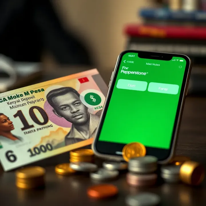 Kenyan currency and mobile phone showing M-Pesa payment option for trading deposit