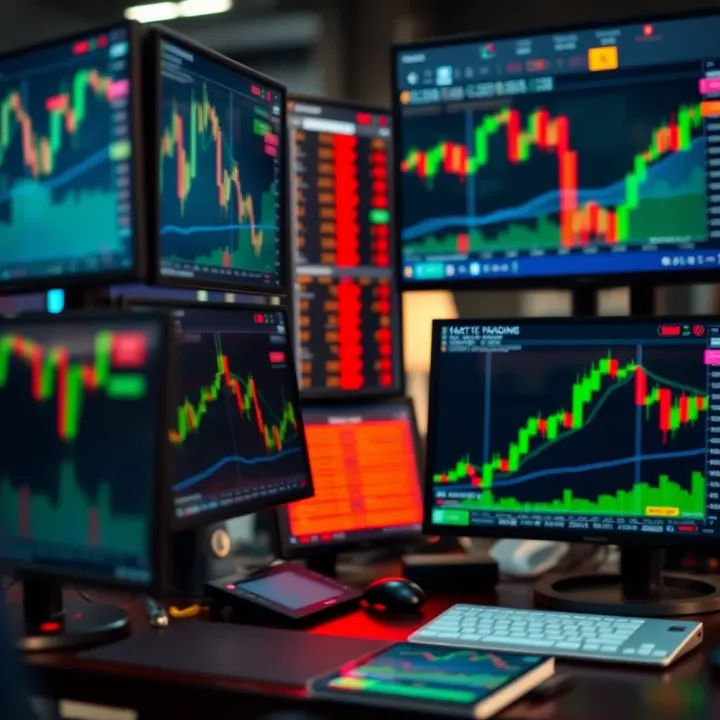 Financial Charts and Trading Tools Used by Day Traders Close-up view of multiple financial charts displayed on monitors with trading software