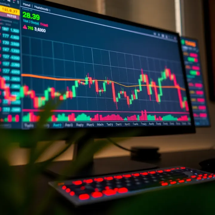 Graph showing fluctuating stock prices on a computer screen with trading indicators