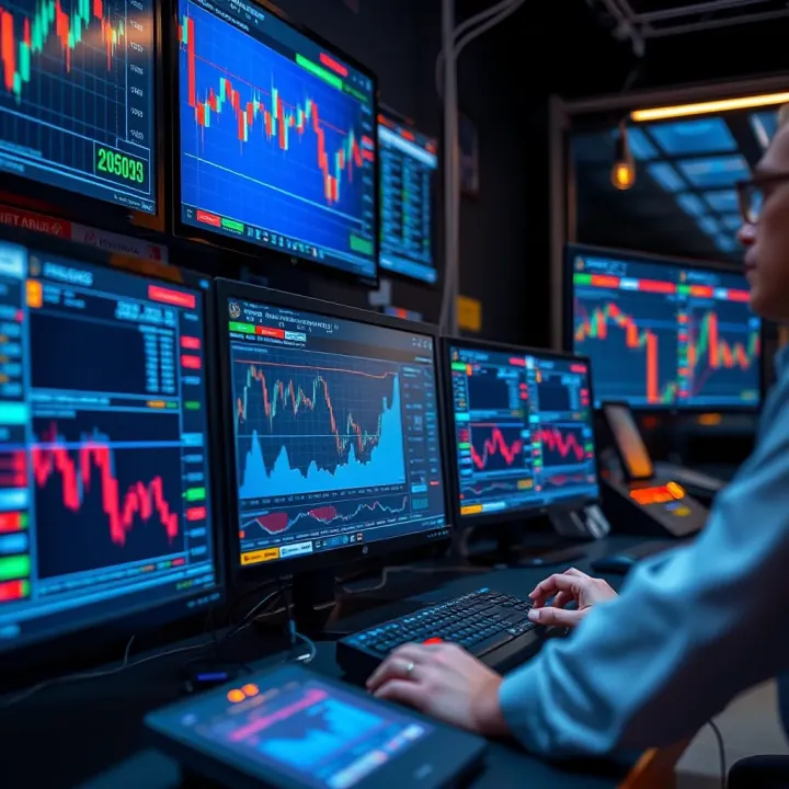 Automated Trading System Monitoring Market Data Automated trading system analyzing financial market data on multiple computer screens