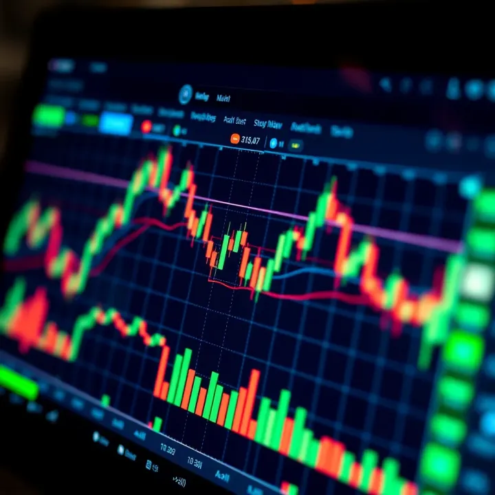 Financial chart showing candlestick patterns and trading indicators on a digital screen