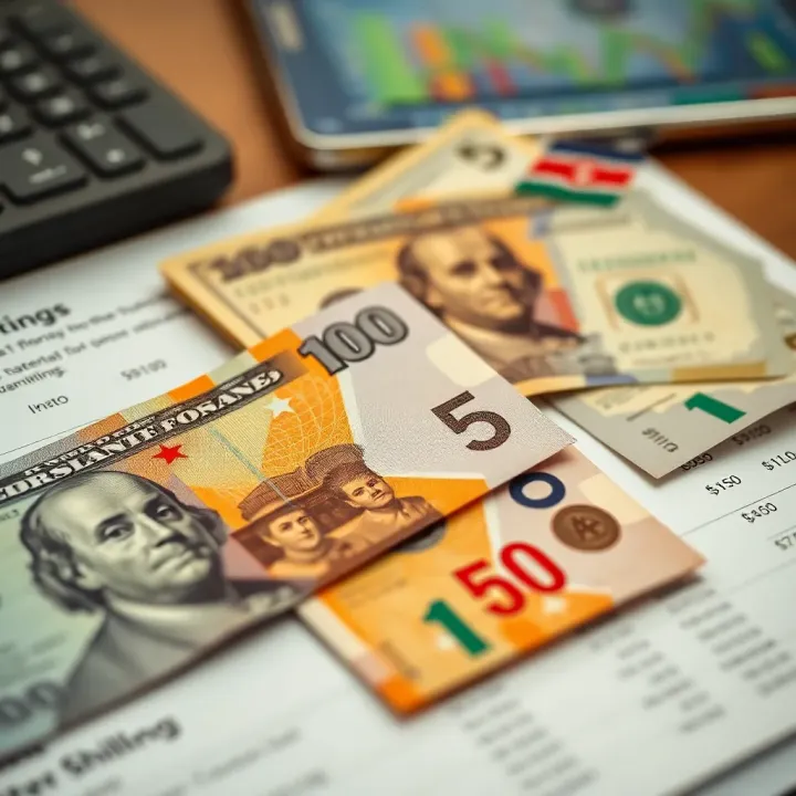Comparing US Dollars and Kenyan Shillings for Currency Conversion Close-up of Kenyan shilling banknotes alongside US dollar bills on a financial document