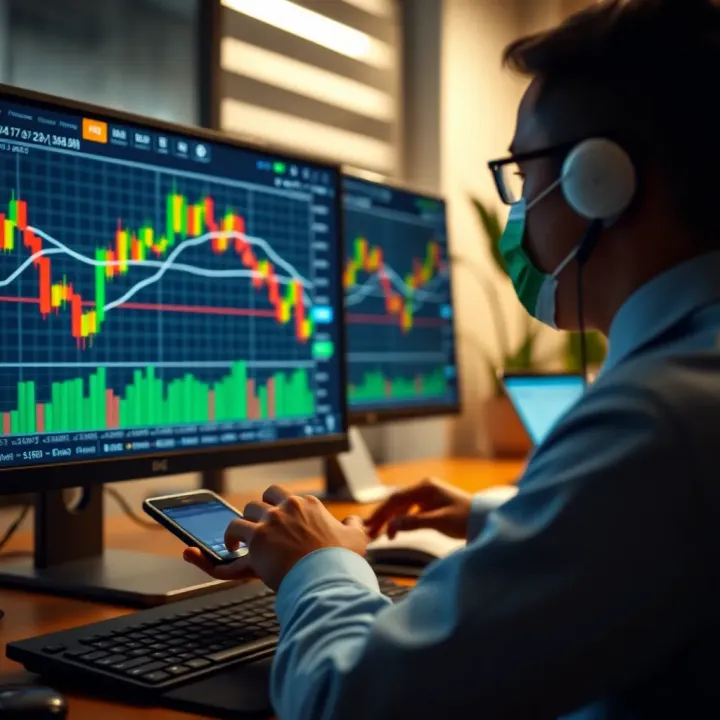 Forex trader using a pip calculator tool on a computer screen with charts and currency data